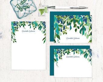 complete personalized stationery set - JUNGLE BERRIES WATERCOLOR Floral - blue green tropical - note cards and notepad stationary gift set