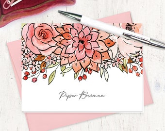 personalized stationery set - PIPER'S PINK GARDEN Watercolor Flowers - feminine stationary flower cards custom - folded note cards set of 8
