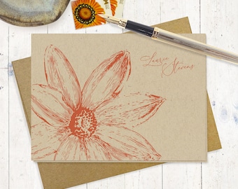 personalized stationery set - DAISY FLOWER BLOOM on Kraft - stationary floral flower botanical - folded note cards set of 8