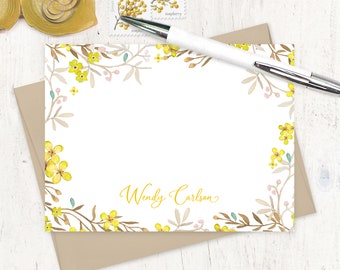 personalized note card set - YELLOW FLOWER FIELDS - pretty floral stationary botanical watercolor stationery - flat note cards set of 12