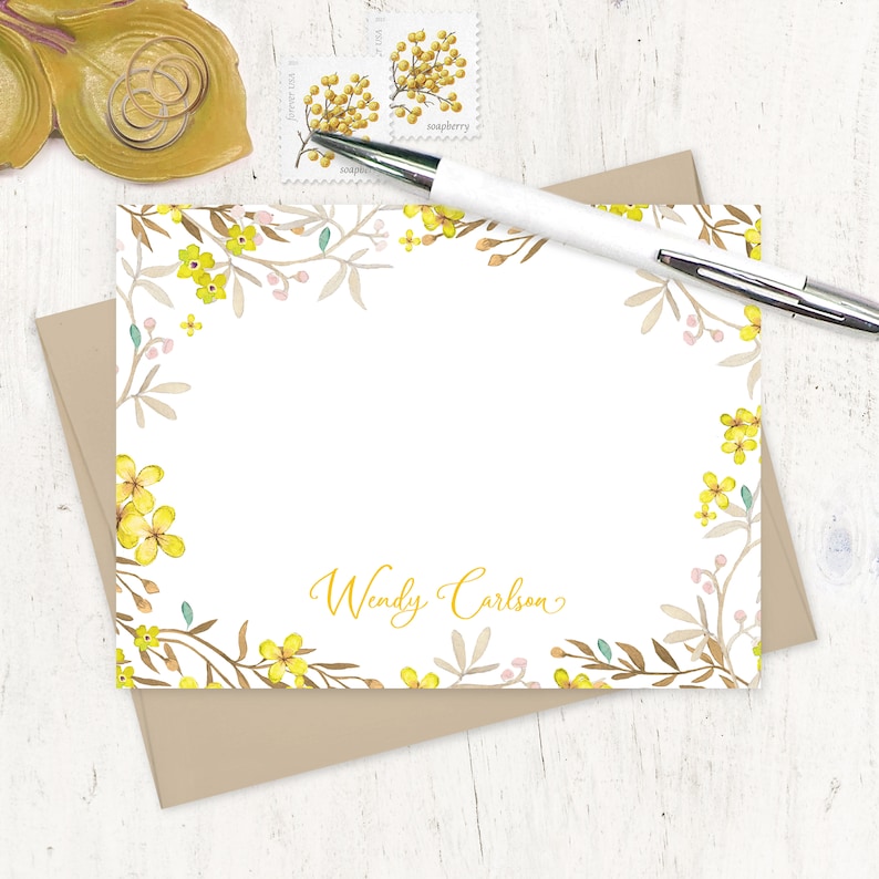 personalized note card set YELLOW FLOWER FIELDS pretty floral stationary botanical watercolor stationery flat note cards set of 12 Bild 1