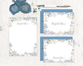 complete personalized stationery set - BLUE FLOWER FIELDS - watercolor garden nature lover floral - note cards and notepad stationary set