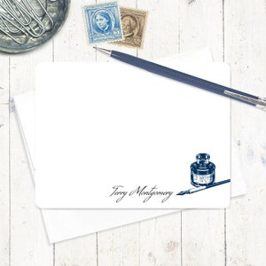 personalized note card set - VINTAGE PEN and INKWELL - custom stationery antique inkwell stationary - flat note cards set of 12