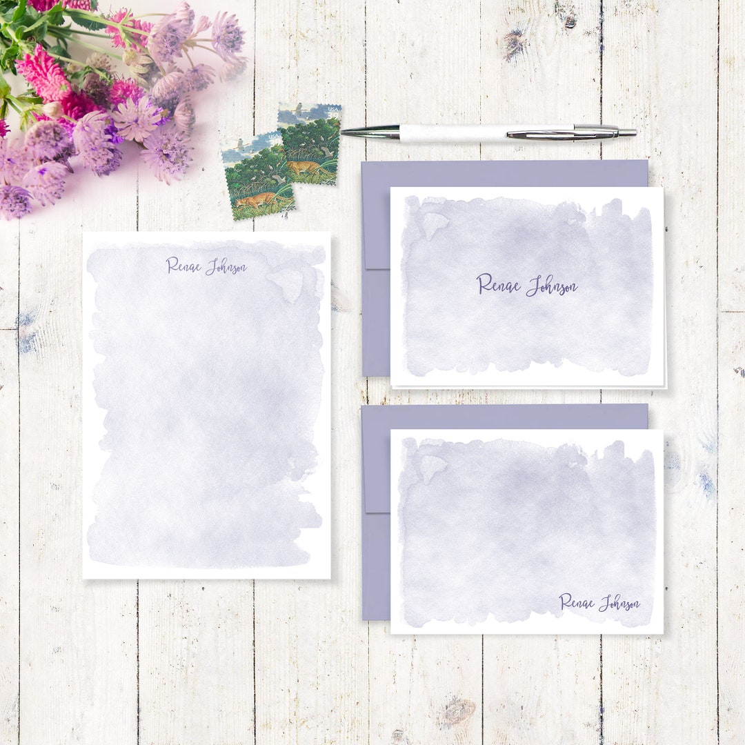 Complete Personalized Stationery Set PURPLE WATERCOLOR WASH