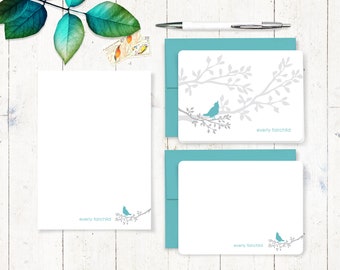 complete personalized stationery set - MODERN BIRD on BRANCH - personalized stationary set - note cards - notepad - nature lover gift set