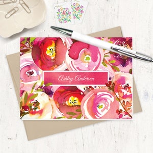 personalized stationery set - PINK PEONIES WATERCOLOR flowers - pretty custom stationary women&#39;s custom gift set - folded cards set of 8