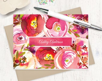 personalized stationery set - PINK PEONIES WATERCOLOR flowers - pretty custom stationary women's custom gift set - folded cards set of 8