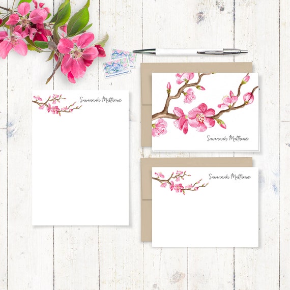 Complete Personalized Stationery Set CHERRY BLOSSOM WATERCOLOR Flower  Branch Stationary Set Folded and Flat Note Cards Notepad 