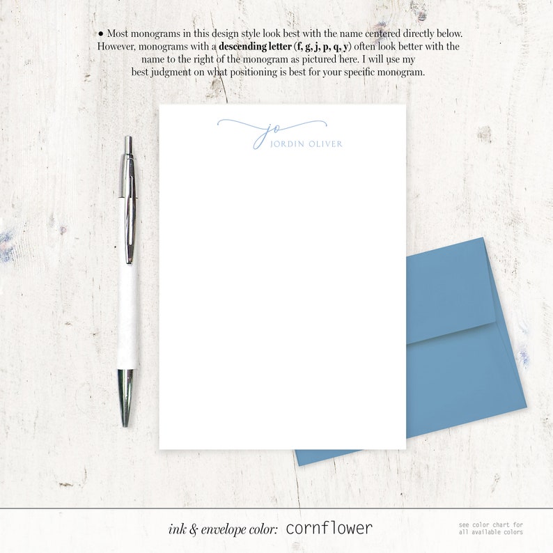 May include: A white stationery card with a blue script monogram "JO" and the name "Jordin Oliver" printed below. The ink and envelope color is cornflower.