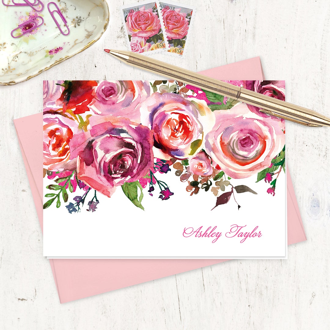 Personalized Stationery Set - PINK WATERCOLOR ROSES - Floral Cards ...