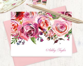 personalized stationery set - PINK WATERCOLOR ROSES - floral cards flowers custom gift set - folded note cards set of 8