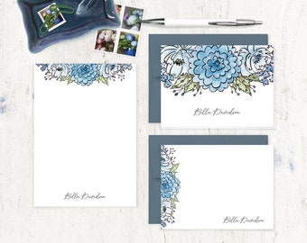 complete personalized stationery set bundle - BELLA'S BLUE GARDEN Watercolor Flowers - floral gift - note cards and notepad stationary set