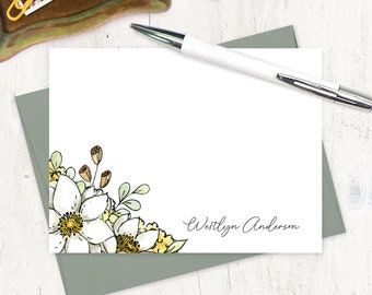 personalized note card set - WESTLYN'S WHITE GARDEN Watercolor Flowers - floral stationery feminine stationary - flat note cards set of 12