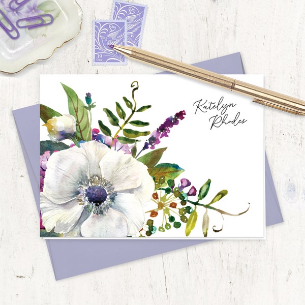 personalized stationery set - WHITE ANEMONE WATERCOLOR Flower - pretty stationary womens customized gift - folded note cards set of 8