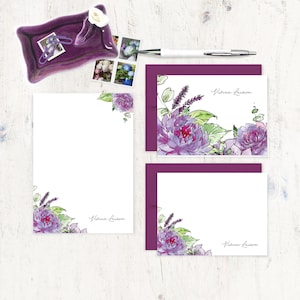 complete personalized stationery set bundle - VIVIAN'S PURPLE GARDEN Watercolor Flowers - floral note cards and notepad stationary gift set