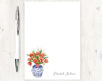 personalized notePAD - Red Watercolor TULIPS in BLUE and WHITE Vase - floral stationery flowers jar stationary letter writing - 50 sheet pad