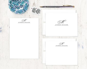 personalized stationery set - CLASSIC MONOGRAM - pretty monogrammed fancy custom gift for her - note cards and notepad stationary gift set