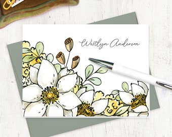 personalized stationery set - WESTLYN'S WHITE GARDEN Watercolor Flowers - feminine stationary floral cards custom - folded cards set of 8