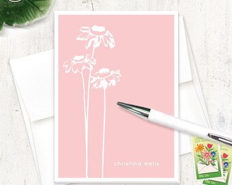 personalized stationery set - CONEFLOWER - floral stationary nature garden choose color - folded note cards set of 8