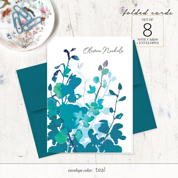 Personalized Floral Stationary with Envelopes, FLAT OR FOLDED, Watercolor  Floral Stationery Set for Women, Blue and Green Personalized Floral