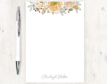 personalized notePAD - CHARLEIGH'S CORAL FLORAL Watercolor Garden - flower stationery nature stationary letter writing paper - 50 sheet pad