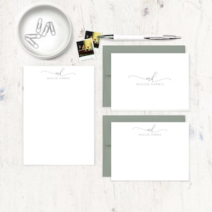 complete personalized stationery set EXQUISITE SCRIPT MONOGRAM custom monogrammed note cards and notepad stationary gift set image 1