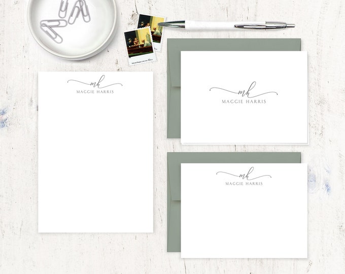 complete personalized stationery set - EXQUISITE SCRIPT MONOGRAM  - custom monogrammed - note cards and notepad stationary gift set