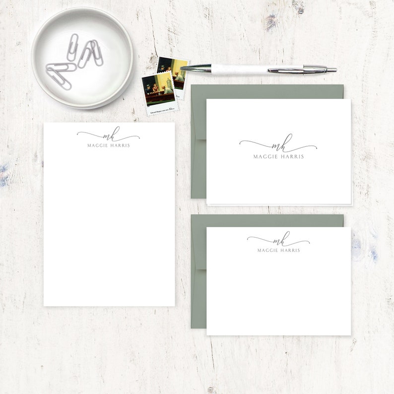 complete personalized stationery set EXQUISITE SCRIPT MONOGRAM custom monogrammed note cards and notepad stationary gift set image 1