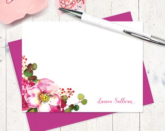personalized note card set - BLUSHING PINK WATERCOLOR Flowers - pretty stationary floral stationery gift for her - flat note cards set of 12