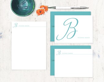 complete personalized stationery set - CURSIVE INITIAL MONOGRAM - stationary set - note cards - notepad - monogrammed