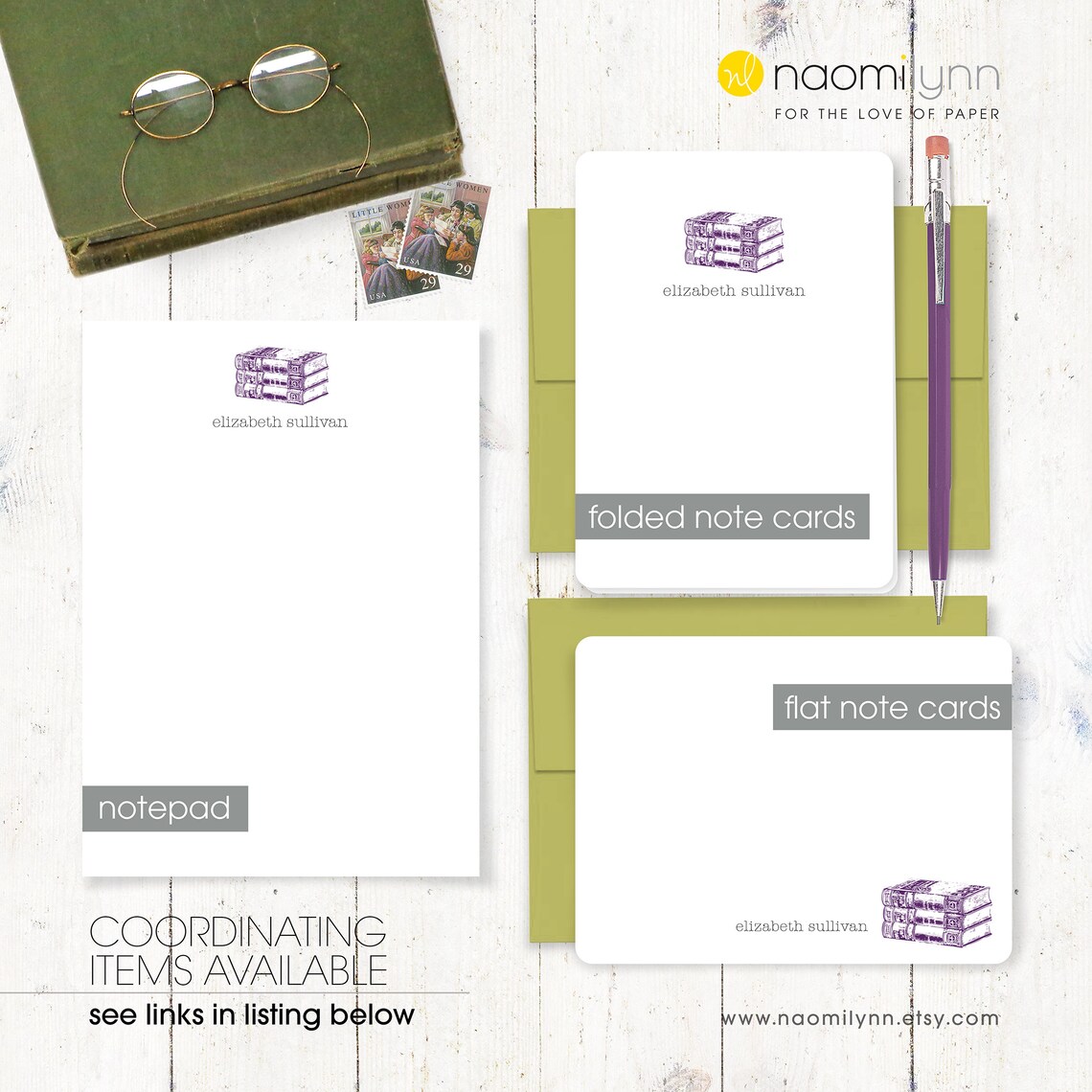 Personalized stationery set VINTAGE BOOKS set of 12 flat Etsy