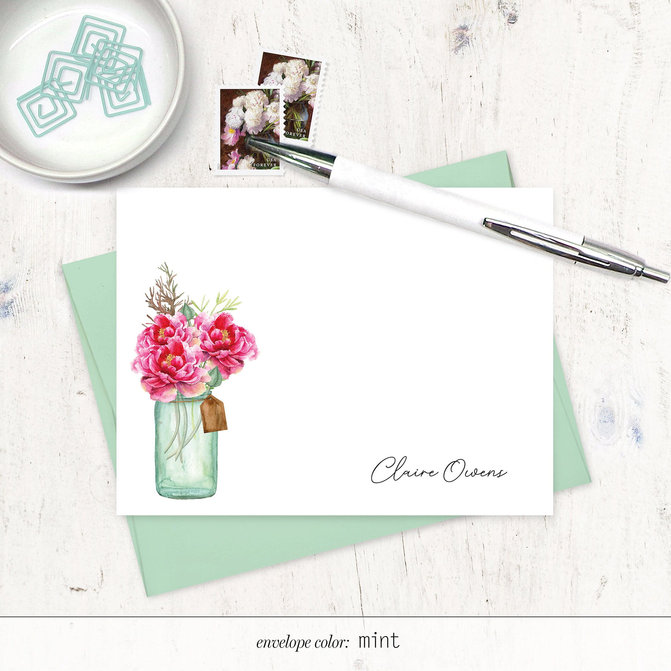 Personalized Note Card Set - WATERCOLOR PEONIES in JAR - Floral Peony ...