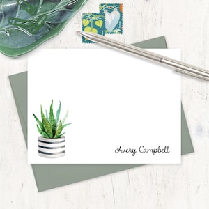 personalized note card set - Watercolor ALOE VERA Houseplant in Striped Planter - stationary boho stationery nature - flat cards set of 12