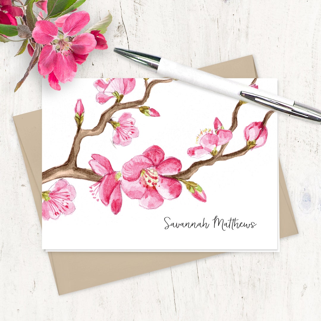 Personalized Stationery Set - CHERRY BLOSSOM WATERCOLOR Flower Branch ...