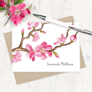 personalized stationery set - CHERRY BLOSSOM WATERCOLOR flower branch - pretty stationary cherry tree - folded note cards set of 8