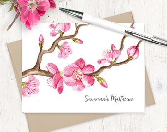 personalized stationery set - CHERRY BLOSSOM WATERCOLOR flower branch - pretty stationary cherry tree - folded note cards set of 8