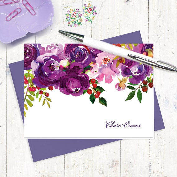 Personalized Stationery Set PURPLE PEONIES WATERCOLOR Etsy