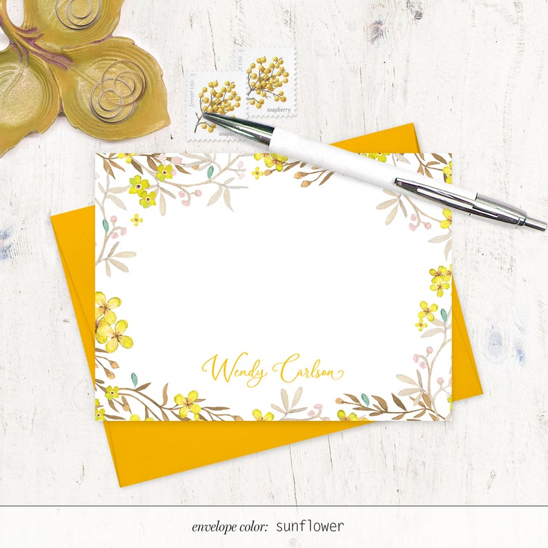 personalized note card set YELLOW FLOWER FIELDS pretty floral stationary botanical watercolor stationery flat note cards set of 12 Bild 4