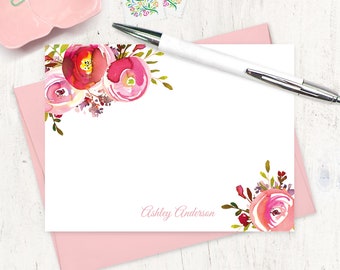 personalized note card set - PINK PEONIES WATERCOLOR flowers- floral stationery feminine botanical stationary nature - flat cards set of 12