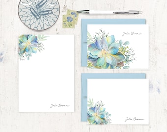 complete personalized stationery set - SINGLE SUCCULENT WATERCOLOR - nature lover gift set gardener - note cards and notepad stationary set