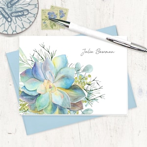 personalized stationery set - SINGLE SUCCULENT WATERCOLOR - pretty floral stationary garden nature note set - folded note cards set of 8