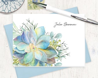 personalized stationery set - SINGLE SUCCULENT WATERCOLOR - pretty floral stationary garden nature note set - folded note cards set of 8