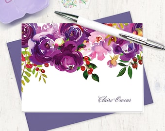 personalized stationery set - PURPLE PEONIES WATERCOLOR flowers - custom stationery pretty gift set for her - folded note cards set of 8