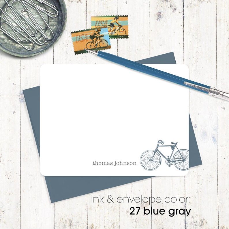 personalized note card set VINTAGE BOYS BICYCLE masculine stationary men's bike stationery boys bike gift for him flat cards set of 12 image 4