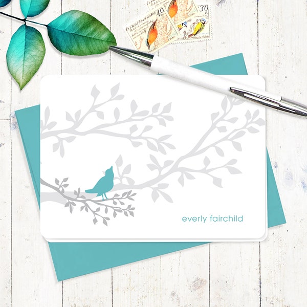personalized stationery set  - MODERN BIRD on BRANCH - custom stationary bird lover gift set - folded note cards set of 8