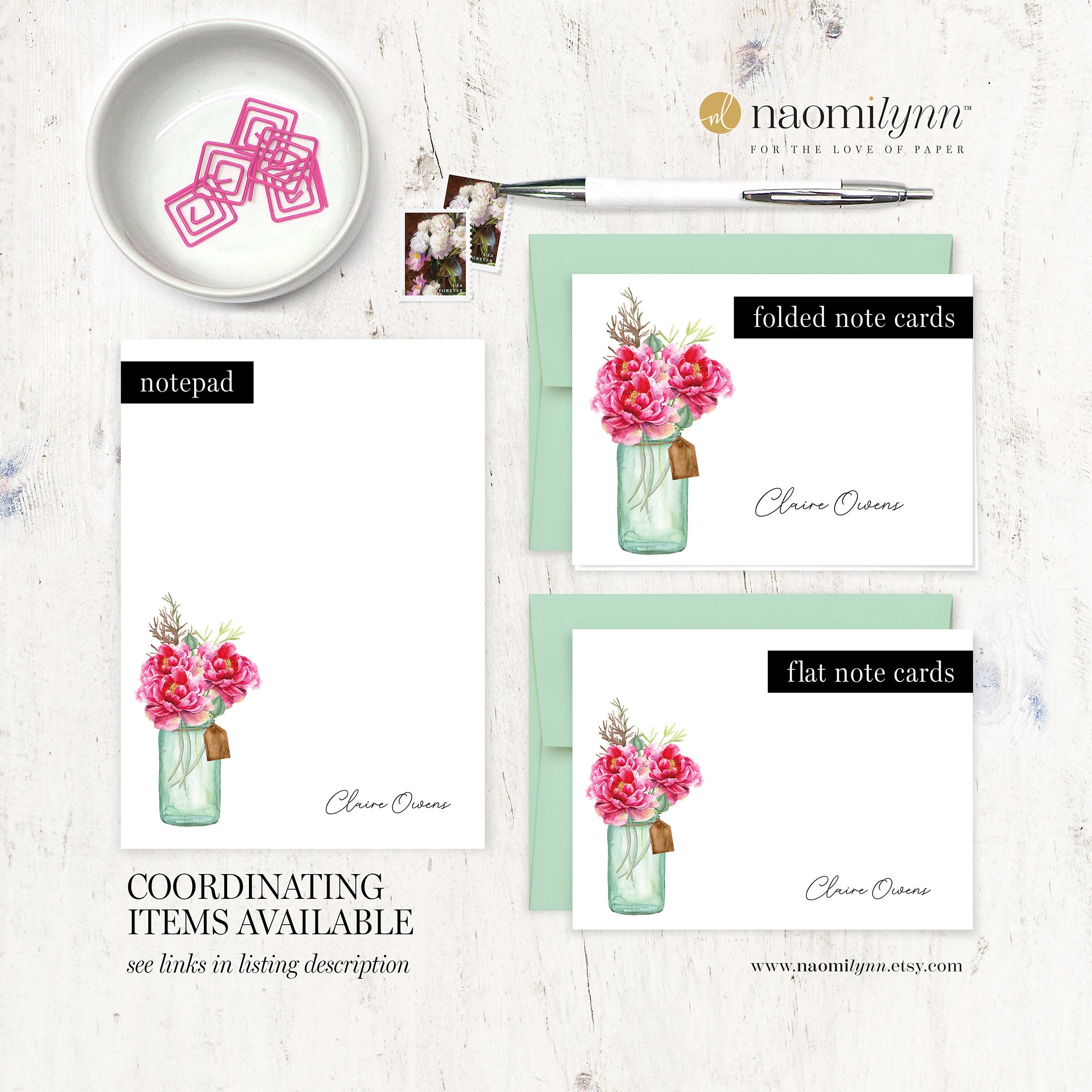 Personalized Note Card Set - WATERCOLOR PEONIES in JAR - Floral Peony ...