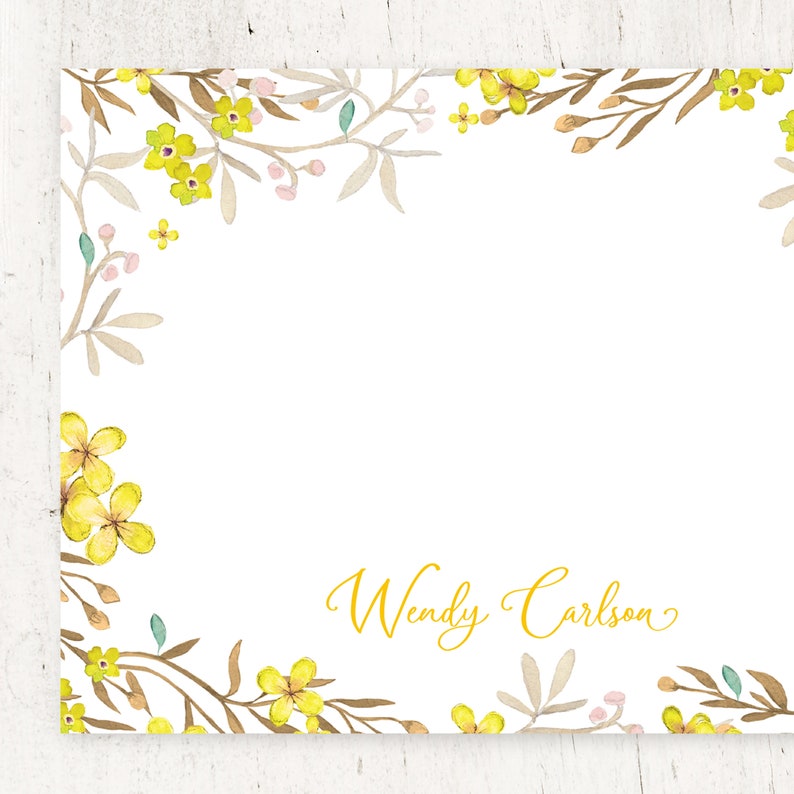 personalized note card set YELLOW FLOWER FIELDS pretty floral stationary botanical watercolor stationery flat note cards set of 12 Bild 5