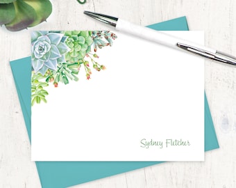 personalized note card set - SUCCULENT GARDEN WATERCOLOR Flowers - pretty stationery botanical stationary - flat note cards set of 12