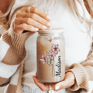 Personalized Birth Flower Iced coffee cup, Bridesmaid Gift, Gift for her, Bridesmaid Proposal, Glass Tumbler, Custom Bachelorette Glass Cup
