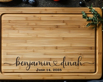 Engraved Bamboo Cutting Board, Personalized Wedding Gift for Couple